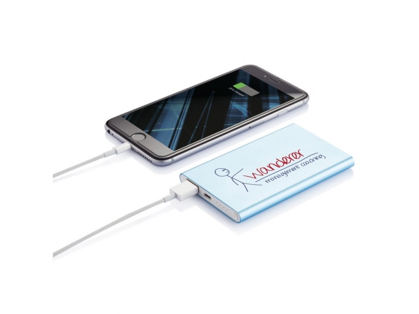 Niebieski power bank 4000 mAh z grawerem logo – aluminium