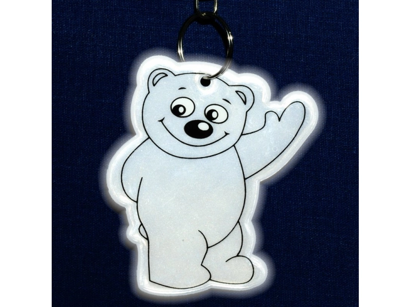 Srebrny brelok odblaskowy miś Beary z nadrukiem logo