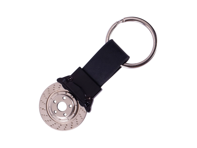 Brelok metalowy srebrny tarcza hamulcowa z eko-skórą