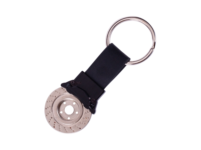 Brelok metalowy srebrny tarcza hamulcowa z eko-skórą