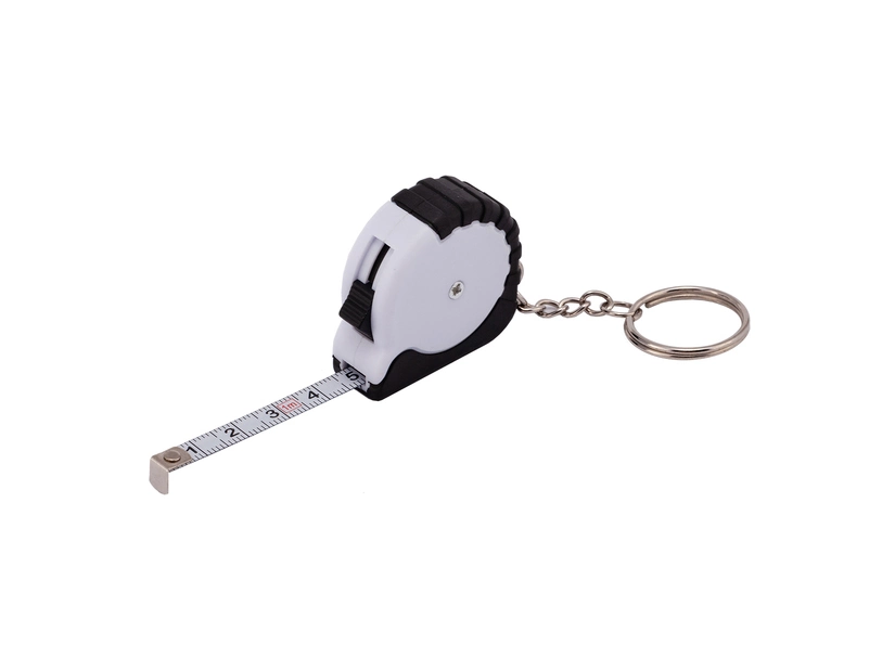 Biały brelok miarka 1m z gumowym uchwytem i logo