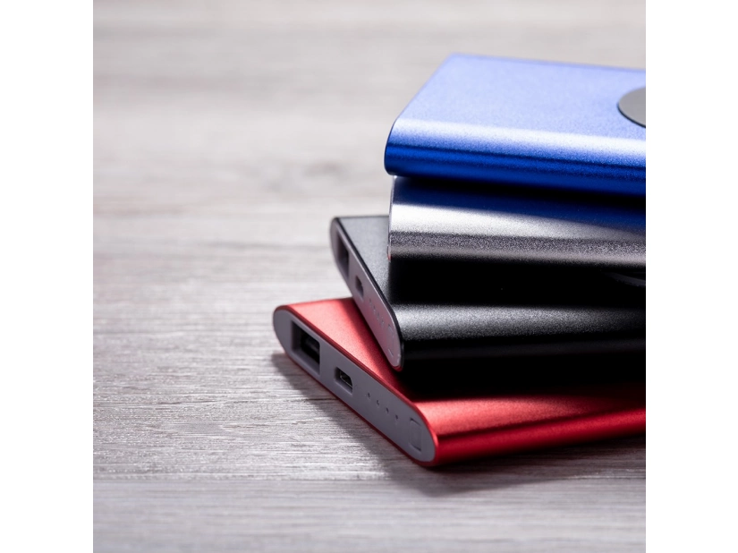 Powerbank aluminiowy srebrny 4000mAh z logo, bezprzewodowy