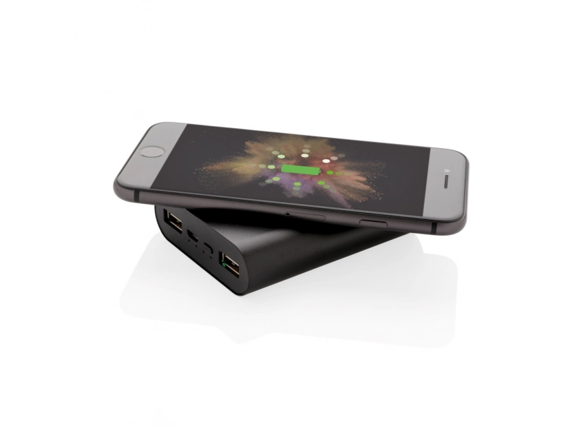 Czarny aluminiowy powerbank bezprzewodowy 5000mAh z logo