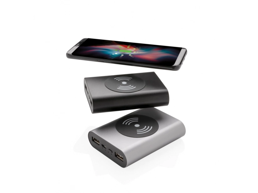 Czarny aluminiowy powerbank bezprzewodowy 5000mAh z logo