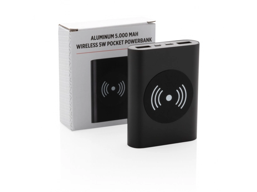 Czarny aluminiowy powerbank bezprzewodowy 5000mAh z logo