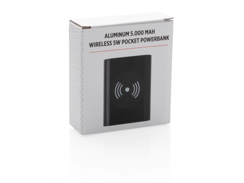 Czarny aluminiowy powerbank bezprzewodowy 5000mAh z logo