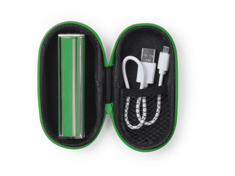 Zielony power bank 2200 mAh z etui i miejscem na logo