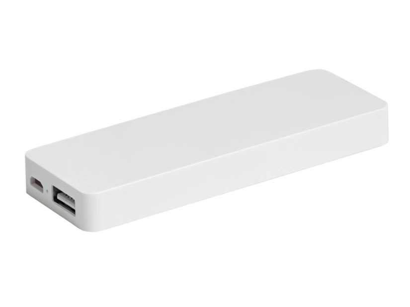 Biały plastikowy power bank o prostokątnym kształcie