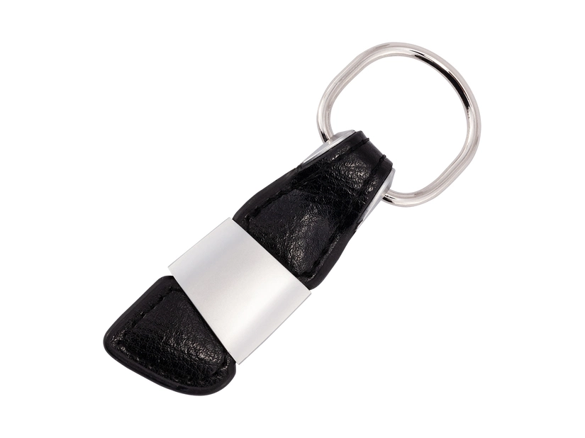 Czarny brelok skórzano-metalowy z grawerem logo w pudełku
