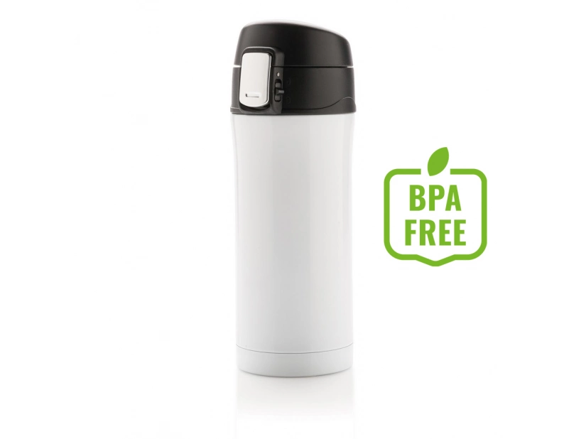 Biały kubek termiczny 300ml z zakrytym ustnikiem i logo