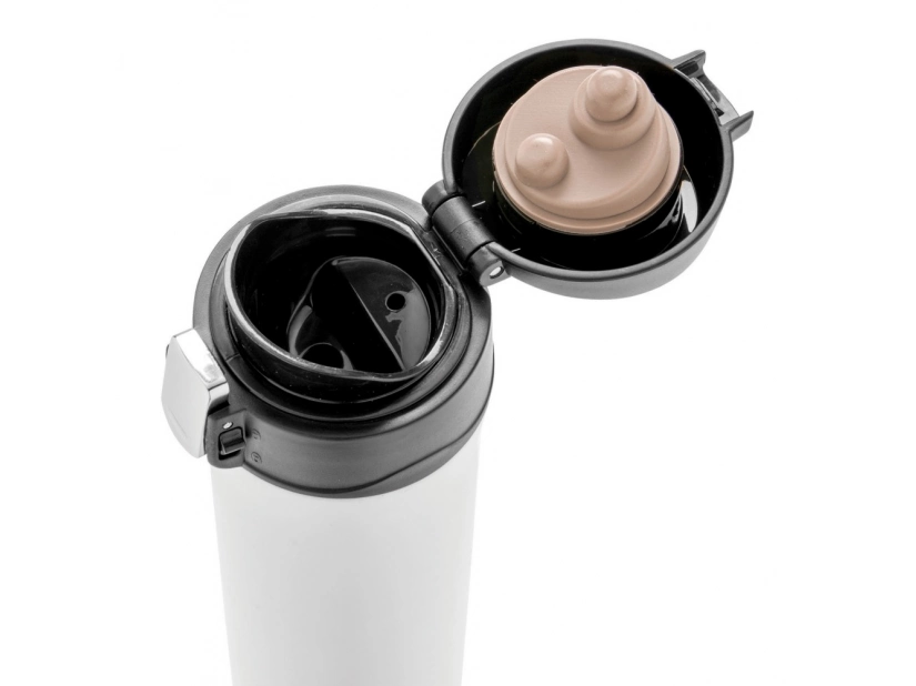 Biały kubek termiczny 300ml z zakrytym ustnikiem i logo